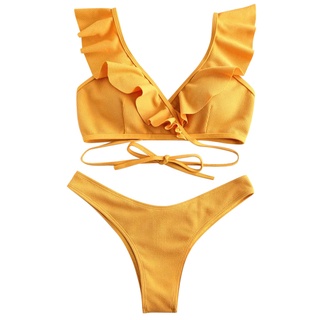 Bgk Conjunto De bikini para mujer ropa De baño Sólida con volantes De Cintura Alta Mai Bcy (2)