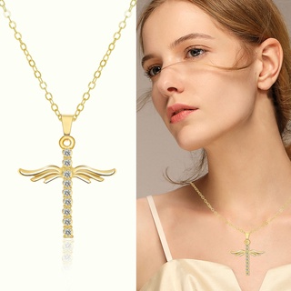 Collar con colgante con forma de ala de ángel, cadena de clavícula en forma de diamante con cruz femenina