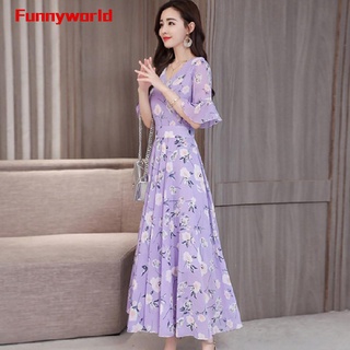 Mujer estilo vestido largo cuello redondo manga corta impresión Floral Maxi vestido temperamento