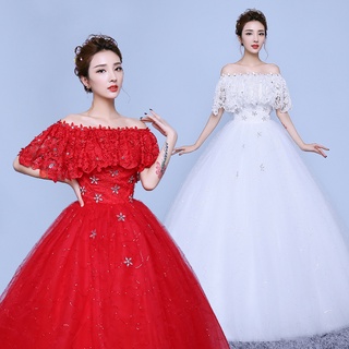 vestido de novia 2021 nuevo elegante vestido de novia de la novia piso-longitud retro simple off-hombro rojo vestido de novia estilo coreano