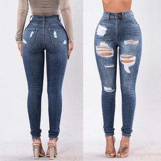 mujer cintura alta cintura alta agujero elástico jeans suelto denim slim pantalones