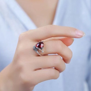 Sorteo de dinero y anillo de cambio de suerte para mujeresS925Anillo de zorro de cristal rojo plateadoinsNo se desvanece el anillo de dedo índice intercambiable fácil de combinar Retro【AISH】 (5)