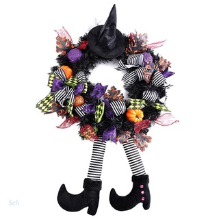 scli corona de halloween con piernas de bruja sombrero calabaza hojas de arce artificial puerta delantera colgante guirnalda festival decoración de fiesta