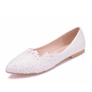 [sunnydream] Zapatos de boda de encaje de fondo plano de gran tamaño para el extranjero, color blanco puntiagudo