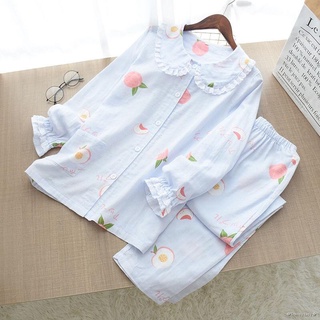 Doble capa de gasa pijamas traje de las mujeres s de algodón de manga larga delgada chaqueta de verano flores sueltas aire acondicionado habitación servicio a domicilio (5)