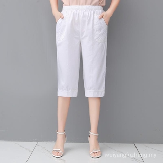 De mediana edad y de edad avanzada de las mujeres pantalones de verano delgado recortado pantalones de algodón de gran tamaño de cintura alta suelta bermudas pantalones deportivos