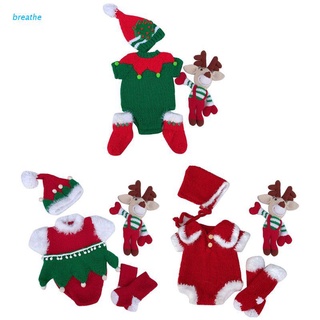 brea 4 unids/set recién nacido de punto de ganchillo trajes de navidad traje de bebé sombrero+calce+muñeca+romper mono fotografía props