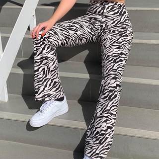 feirulit mujer casual zebra impresión alta cintura botón largo recto pantalones sueltos