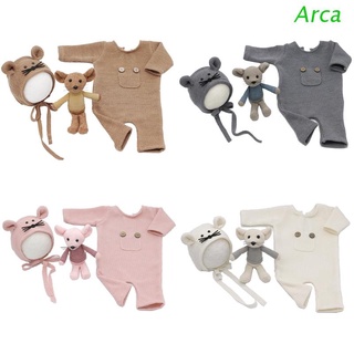arca 3 unids/set de accesorios de fotografía para recién nacidos traje de algodón de punto mono sombrero ratón muñeca bebé foto tiro ropa