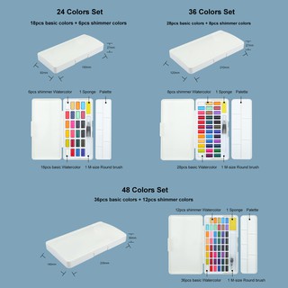 SeamiArt 12/24/36/48 colores sólido acuarela conjunto básico color metálico brillo color con pincel de agua pluma esponja paleta (4)