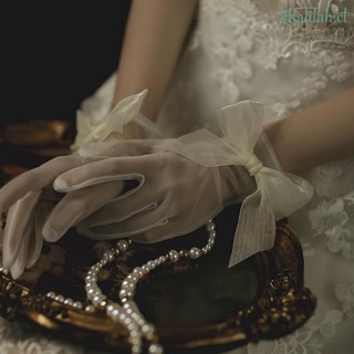 khalilah elegante perla dedo guantes dulce tul manoplas cortos guantes de boda mujeres nupcial hecho a mano blanco transparente chica arco