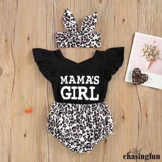 CHF-bebé niñas trajes de verano, volantes manga letra impresión mameluco + Leopard Bloomers + diadema