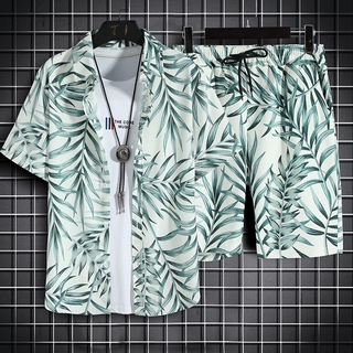 Men's short-sleeve shirt + shorts suit Hawaiian flower shirt men's short-sleeved loose large size beach shirt suit couple Hong Kong style retro trendy handsome jacket