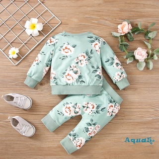 Aqq-baby Girl 2Pcs otoño trajes, manga larga estampado Floral jersey Tops + pantalones de bolsillo conjunto (9)