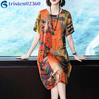 tristen02360 Woman Dress Short-sleeved Loose Pringting Summer Dress