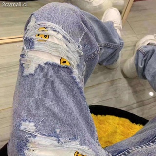 ♗✌◆Drew smiley patch hole Justin Bieber FOG high street style straight tide brand loose trousers jeans men