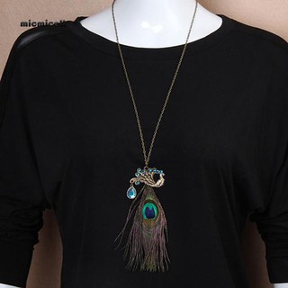 Mic collar de cadena larga con colgante de pluma de pavo real con pedrería para mujer (1)