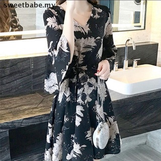 [Sweetbabe] vestido de princesa de moda Midi con estampado de flores de manga larga/vestido Sexy de fiesta/selegante
