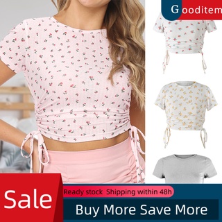 gooditem T-shirt Solid Color/Floral Print Slim Blouse Women O Neck Short Sleeve Drawstring Crop Top for Summer