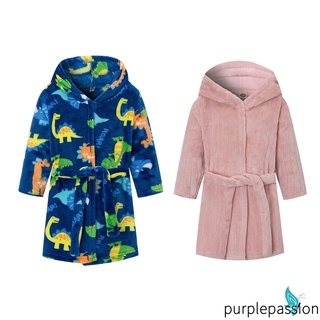 Purp-unisex niños con capucha vestido de dormir, dinosaurio impresión/Color sólido manga larga gruesa bata de baño