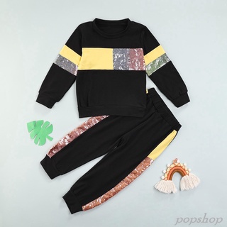 Pop 2 piezas de trajes casuales para bebés, manga larga de lentejuelas para niños, cuello redondo, pantalones de bloque de Color