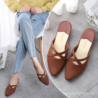 Estilo coreano FashioninsFairy media zapatillas al aire libre todo-partido cuña correa cruzada cómodo Lazybones zapatos sandalias para las mujeres verano