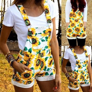 Womens Sleeveles Sunflower Short Pajamas Set Pocket Overalls One Piece Jumpsuit