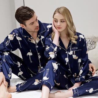 primavera y verano nueva simulación de seda pareja pijamas traje cuello manga larga impresión traje flamenco cardigan pijamas