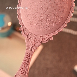 Pjquanyong Vintage mano espejo de maquillaje rosa Repousse Floral Oval redondo cosmético espejo de mano con asa para damas