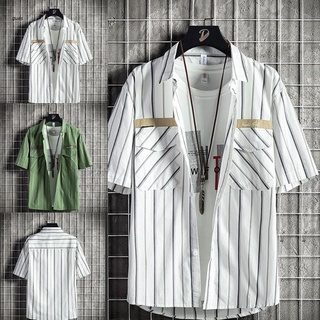 gues para hombre de verano de manga corta casual camisas harajuku rayas impresión letras bordado blusa solapa bolsillo en el pecho suelta camiseta