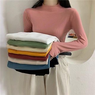 Suéter suave de las mujeres de manga larga Tops cómodo transpirable Casual sólido moda Tops cuello alto