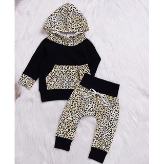 Bebé niño ropa caliente invierno trajes de leopardo impresión de manga larga sudadera con capucha negro cuadros/leopard pantalones 2PCS conjunto bebé