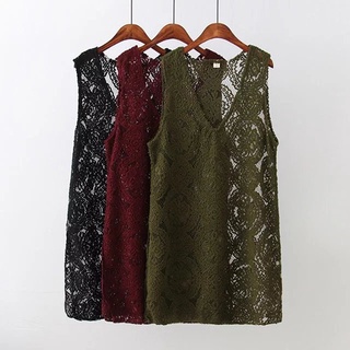 Autumn Lace Waistcoat V-neck Long Loose Vest Blouse 3 Colors