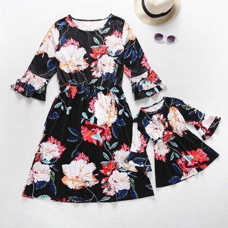 ❀ifashion1❀Floral Flare Sleeve Dress Mother Daughter Dresses Family Kids Parent Outfit (1)