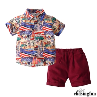chf-2 piezas trajes de verano para niños, estampado de bandera americana, manga corta botón abierto camisa + pantalones cortos de color sólido traje para niños