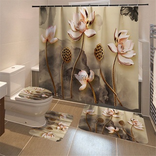 cortina de ducha impermeable de loto para baño, cubierta de inodoro, decoración con ganchos