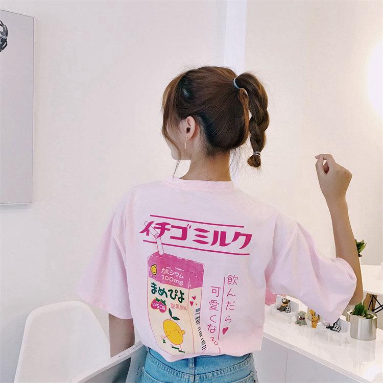 Harajuku rosa T-Shirt mujeres Roumd cuello camiseta de manga corta camiseta Top para niñas M-2XL (1)