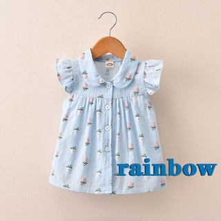 Rainbow-Niño niñas botón abajo camisas, Casual mosca manga muñeca cuello Floral impresión suelta Tops (1)