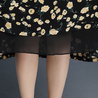 Falda de media longitud falda plisada gasa floral una línea de falda drapeado suelto falda de cintura alta de longitud media (8)