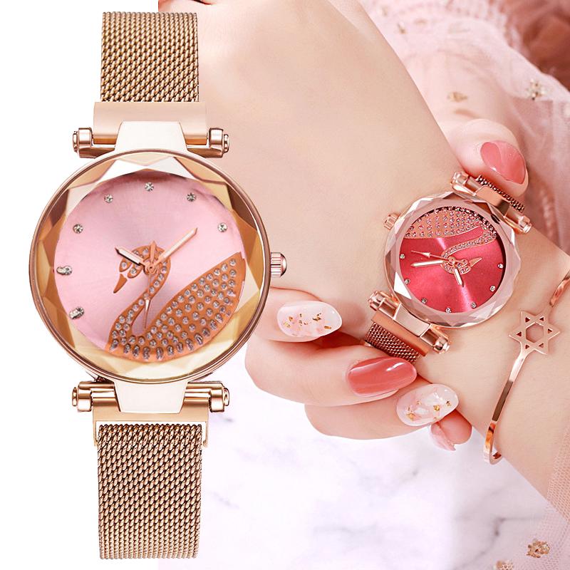 Reloj con imán de cisne para mujer/pulsera de cuarzo con diamante