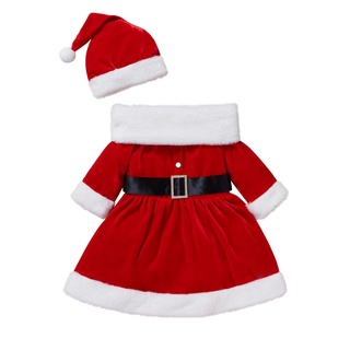 ☎Zl♀Conjunto de ropa de franela de navidad para niñas, Color de contraste, manga larga, cuello cuadrado, vestido y sombrero con bola y pañuelo