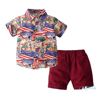 Anana-2 piezas trajes de verano para niños, estampado de bandera americana, camisa de manga corta con botón abierto, traje corto de Color sólido para niños, 1-6 años (1)