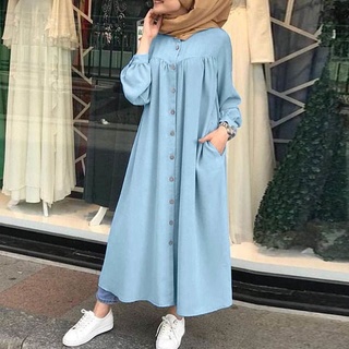 Musulmán camisa larga Casual mujer verano manga larga cuello de pie vestido