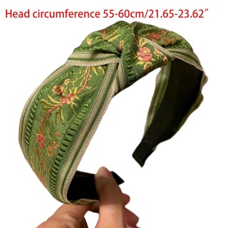 ott. Chinese Style Ethnic Vintage Wide Headband Womens Elegant Twist Knotted Hair Hoop Contrast Colored Floral Leaves Embroidery Prom Bandana (2)