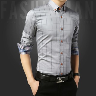Casual rayas camisa a cuadros de los hombres coreanos de manga larga camisa Formal Slim Fit oficina negocios camisas