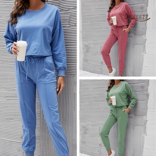 coffeezz Pullover Set Solid Color Round Neck Daily Costume Training Fitness Long Sleeve Tops Pants for Exercise