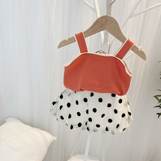 Girls Summer Suit Two-Piece Set Western Style Solid Color Small Sling Vest Inner Match Dot Bloomers Children's Shorts Summer