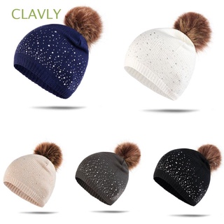 CLAVLY Fashion Winter Knit Hat Warm Beanie Caps Pom Pom Hat Bling Bling Women Girls Bobble Hat Rhinestone Skull Cap Ski Hat/Multicolor