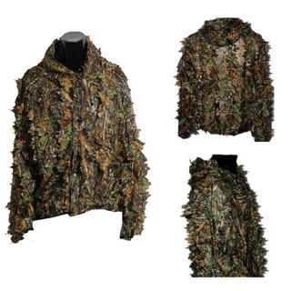 ♔Fs♧Traje de camuflaje de hoja 3d, chaqueta con capucha con cordón de bosque, cintura elástica pantalones ropa de caza