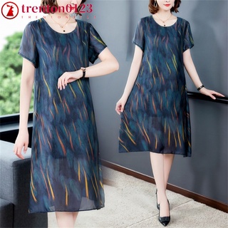 trenton0123 Women Dress Loose Thin Type Round-neck Mid-length Printing Short-sleeve Dress